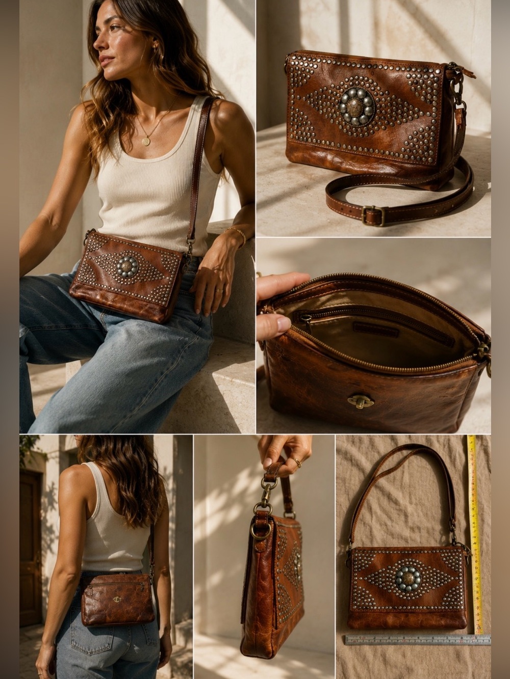 Women's Brown Studded Leather Crossbody Bag with Concho Accent